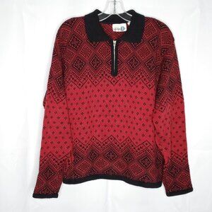 90s Y2k Fair Isle Argyle Birds Eye Womens Sweater L Red Black Geometric 1/4 Zip